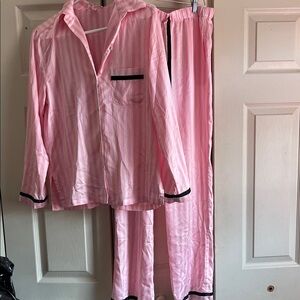 Victoria's Secret Pink Striped Satin Button-Down Top and pant pajama set
